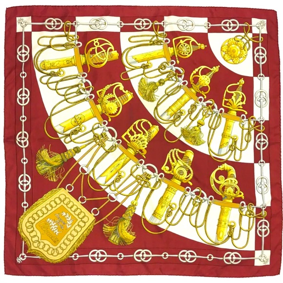 HERMESCliquetis Carre 90 Silk 100% Scarf white burgundy gold 35”:35”